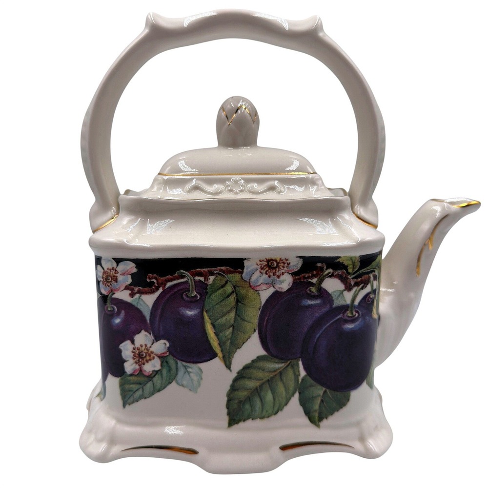 VTG Crown Dorset Staffordshire England Plum Floral Rectangular Teapot Gold Trim